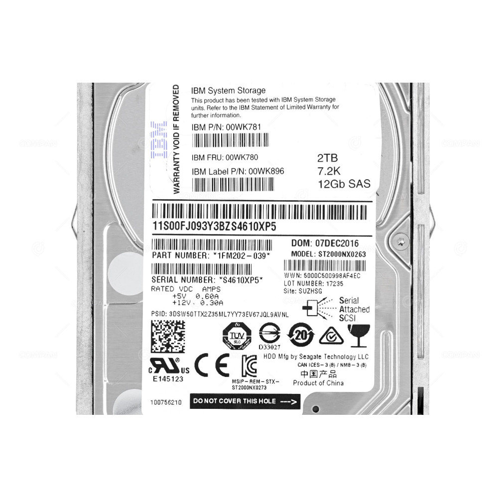 00WK780 IBM HDD 2TB 7.2K SAS 12G 2.5" SFF FOR IBM STORWIZE V7000 G2